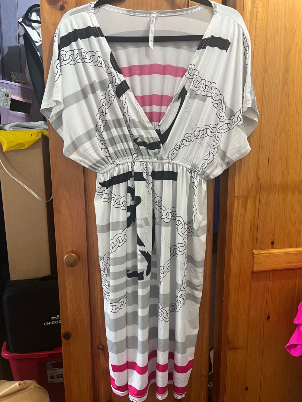Striped Chain-Print V-Neck Women's cover-up Dress in White and Pink